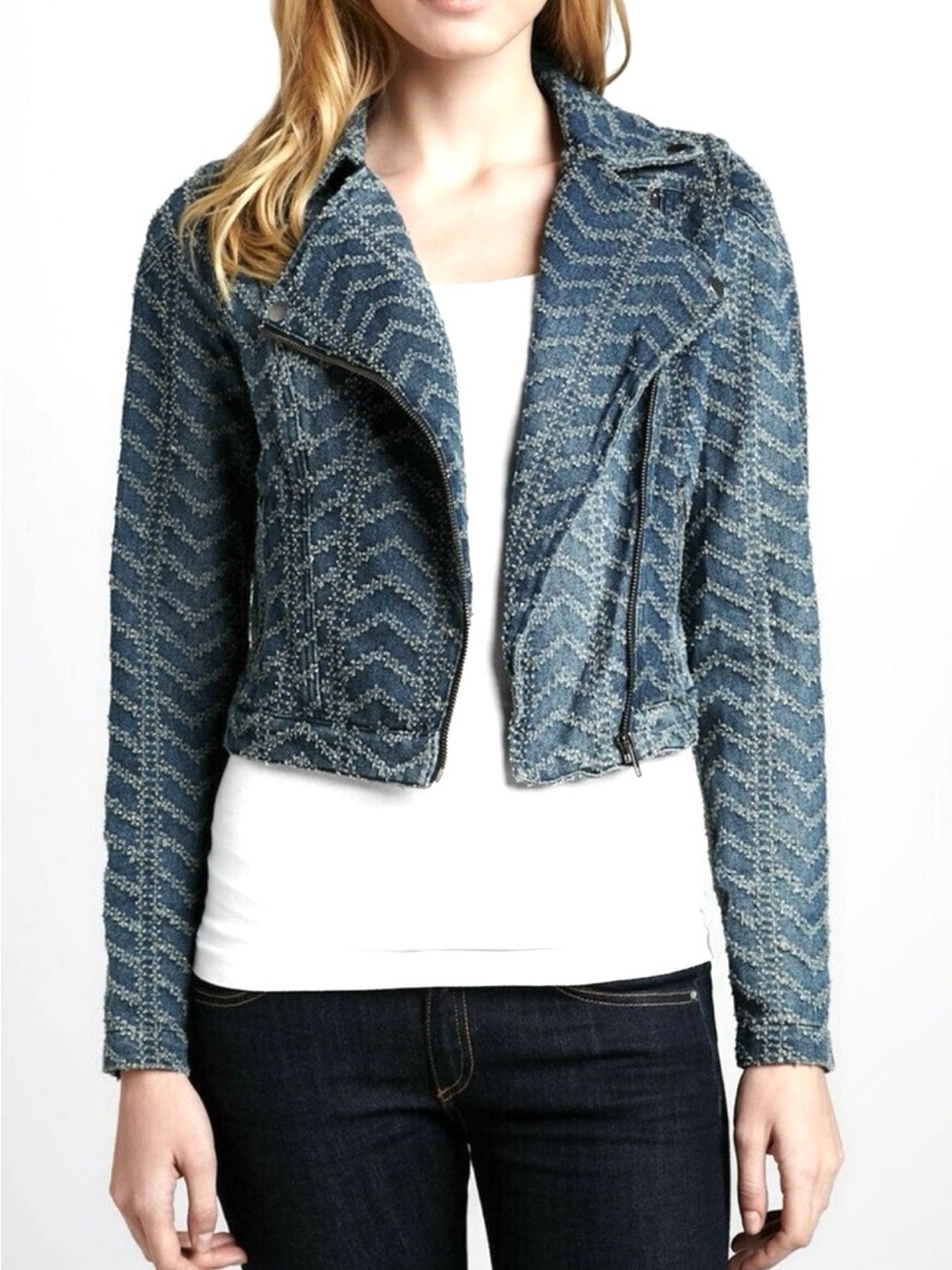 Free People Punched Denim Moto Jacket Blazer 10 Boho Cotton Rocker Jean Artsy